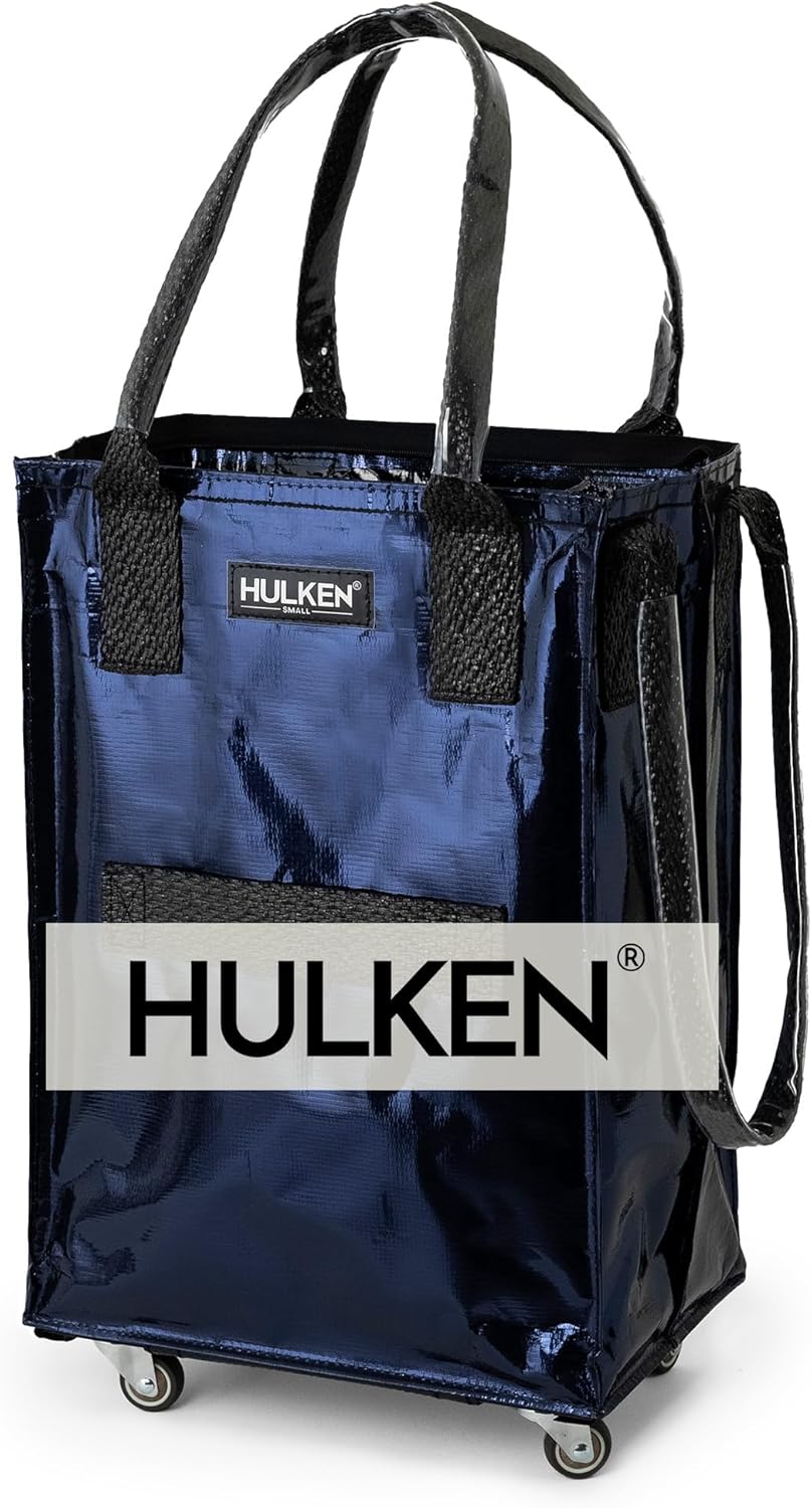 HULKEN (Small, Midnight Blue) Reusable Grocery Bag On Wheels, Shopping Trolley, Rolling Tote, Zipper Closure, Lightweight, Carries Up to 66 lb, Folds Flat