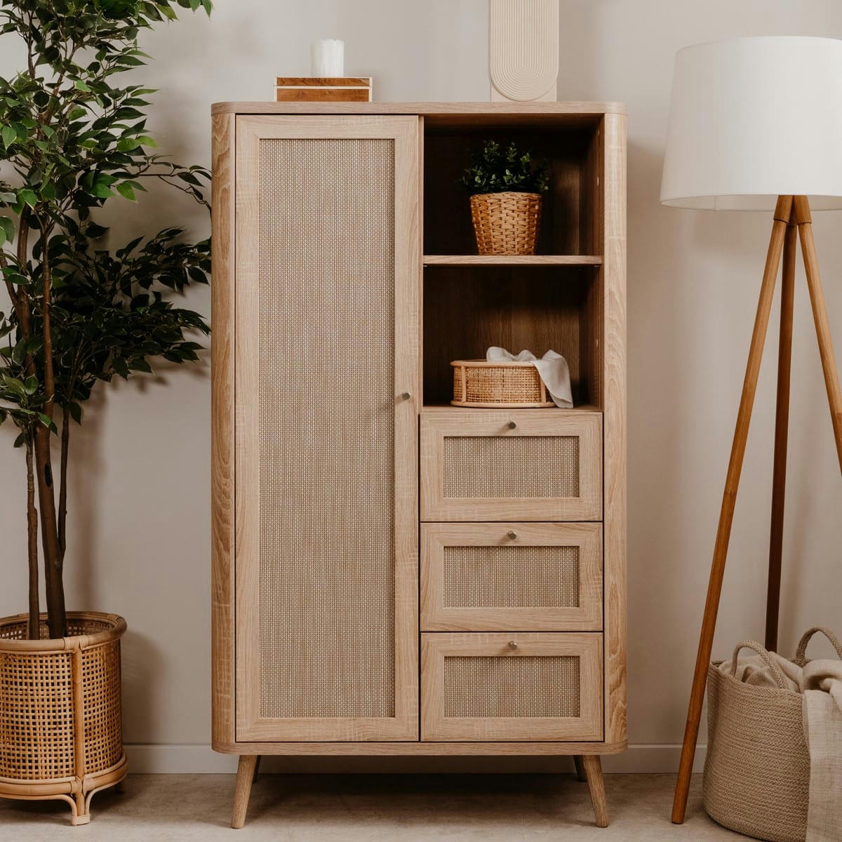 PADANG - Buffet haut cannage et effet bois naturel 81 cm