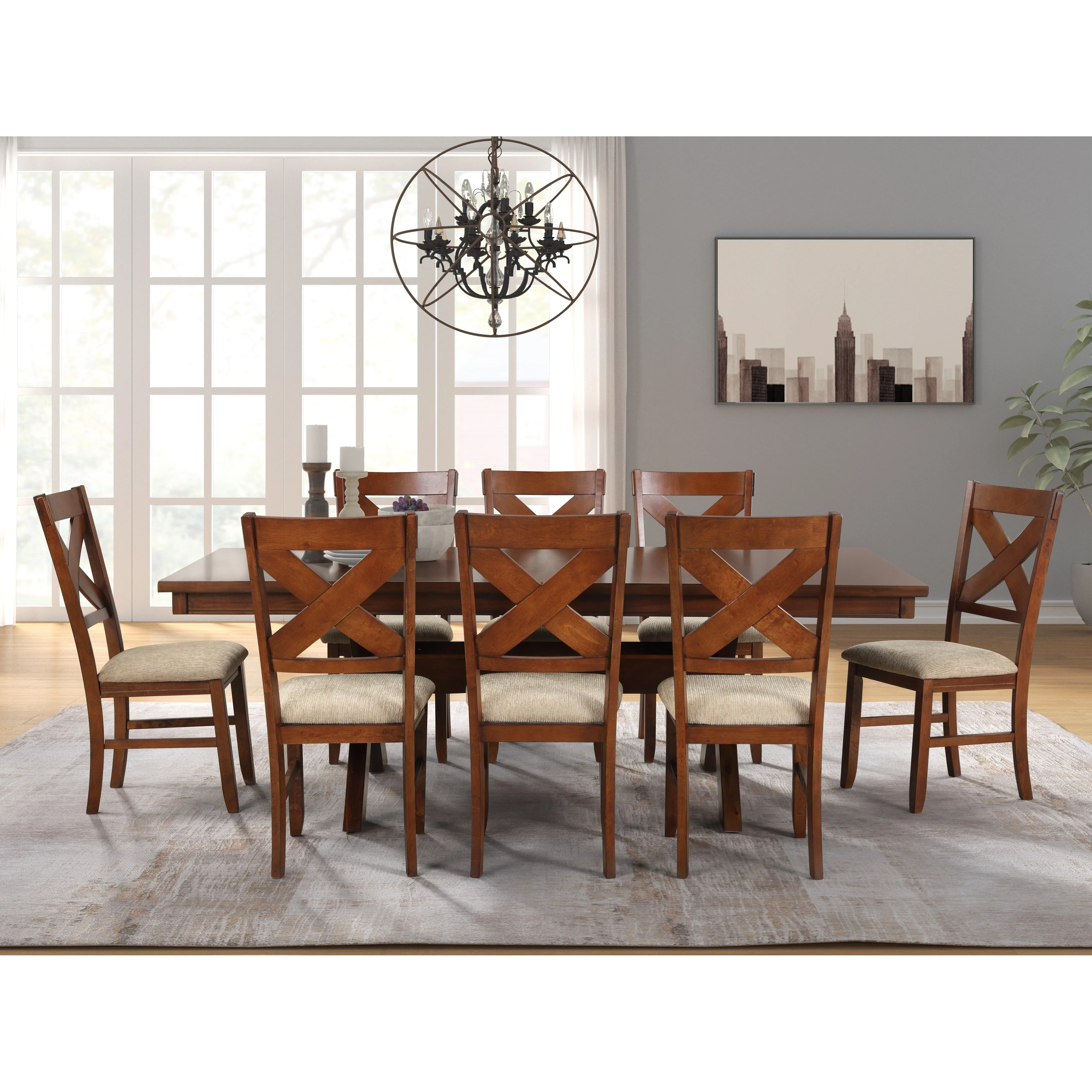 Roundhill Furniture Karven Wood 9-Piece Dining Set, Extendable Trestle Dining Table with 8 Chairs, Dark Hazelnut