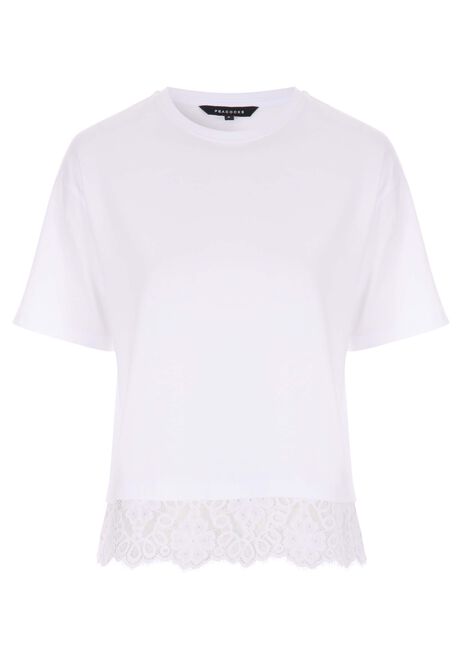 Womens White Cotton Lace Trim T-Shirt