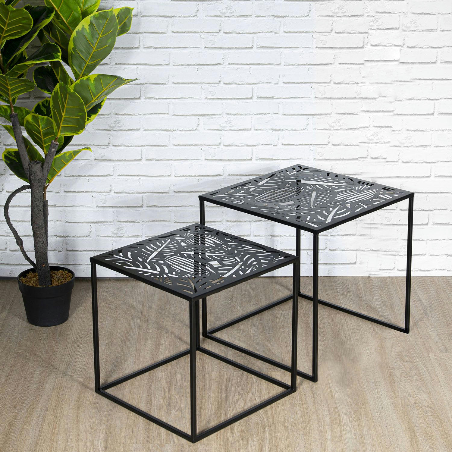 HAVANA - Duo de tables d'appoint en métal motifs feuilles noir