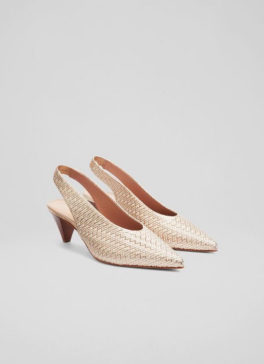 Paisley Platinum Woven Leather Cone Heel Slingbacks