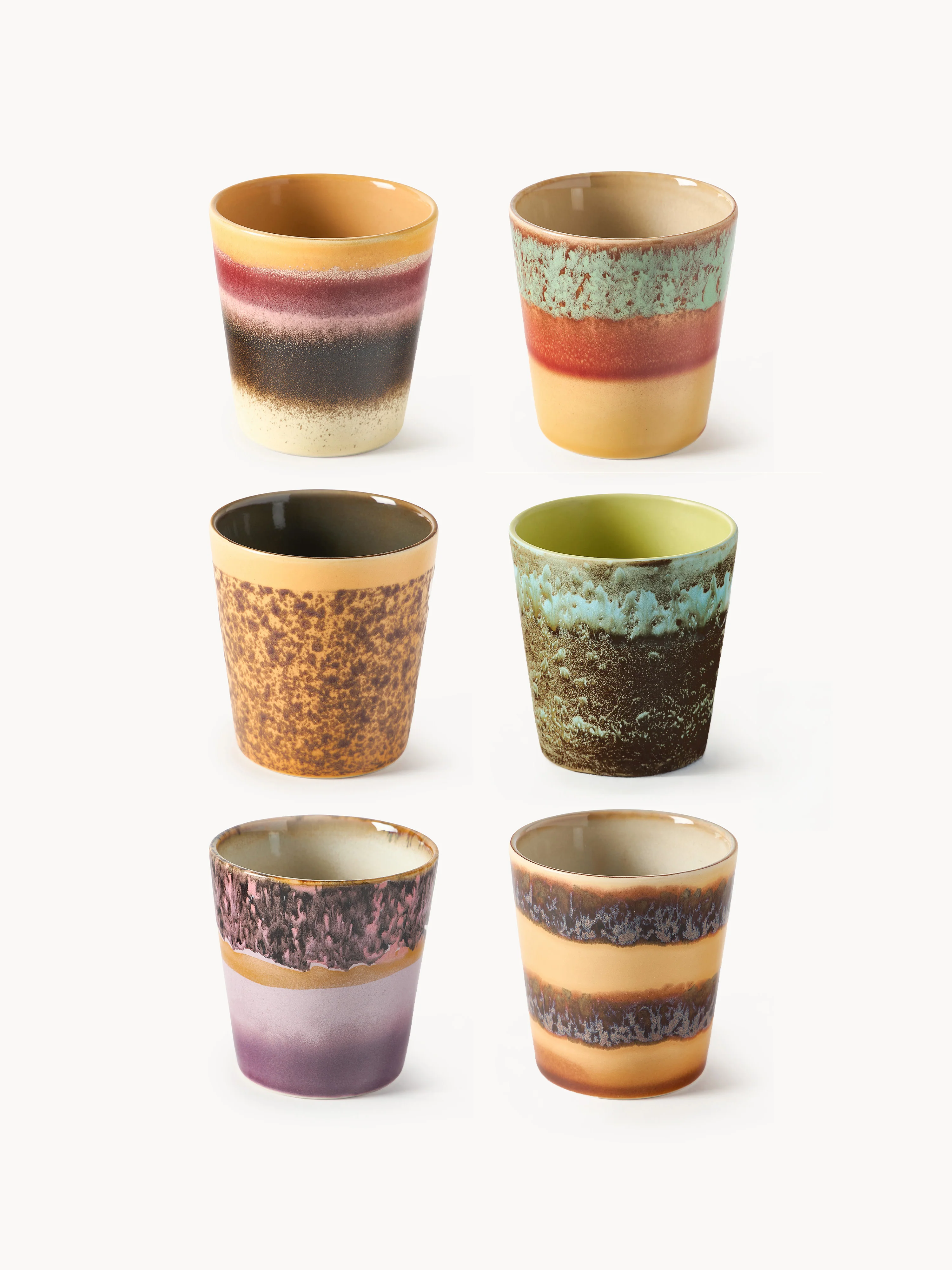 Handgefertigte Becher 70's mit reaktiver Glasur, 6er-Set