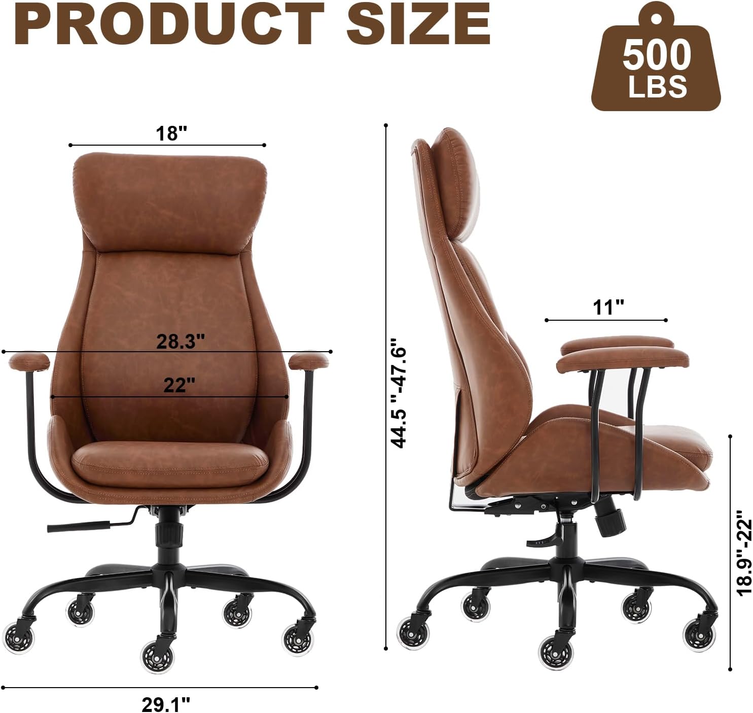 E-Motie Office Chair, Leather Desk Chair with Rubber Wheels, Ergonomic Computer Chair 500 LBS with Lumbar Support, High Back Executive Chair for Modern Home Office, Brown