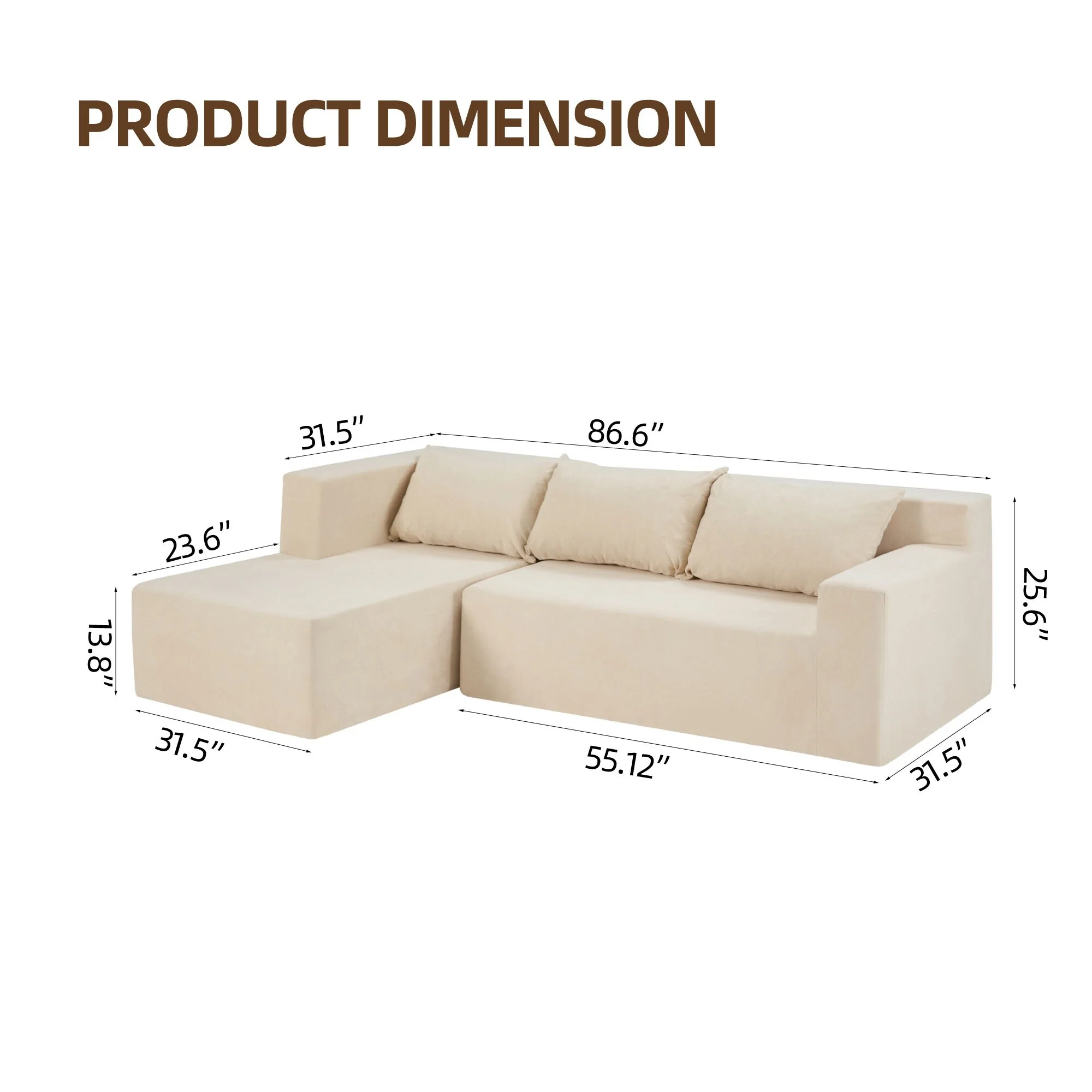 Beige 86.6'' Spacious L-Shaped 3-Seater Sectional Sofa with Movable Footrests and Detachable Cushions for Easy Maintenance
