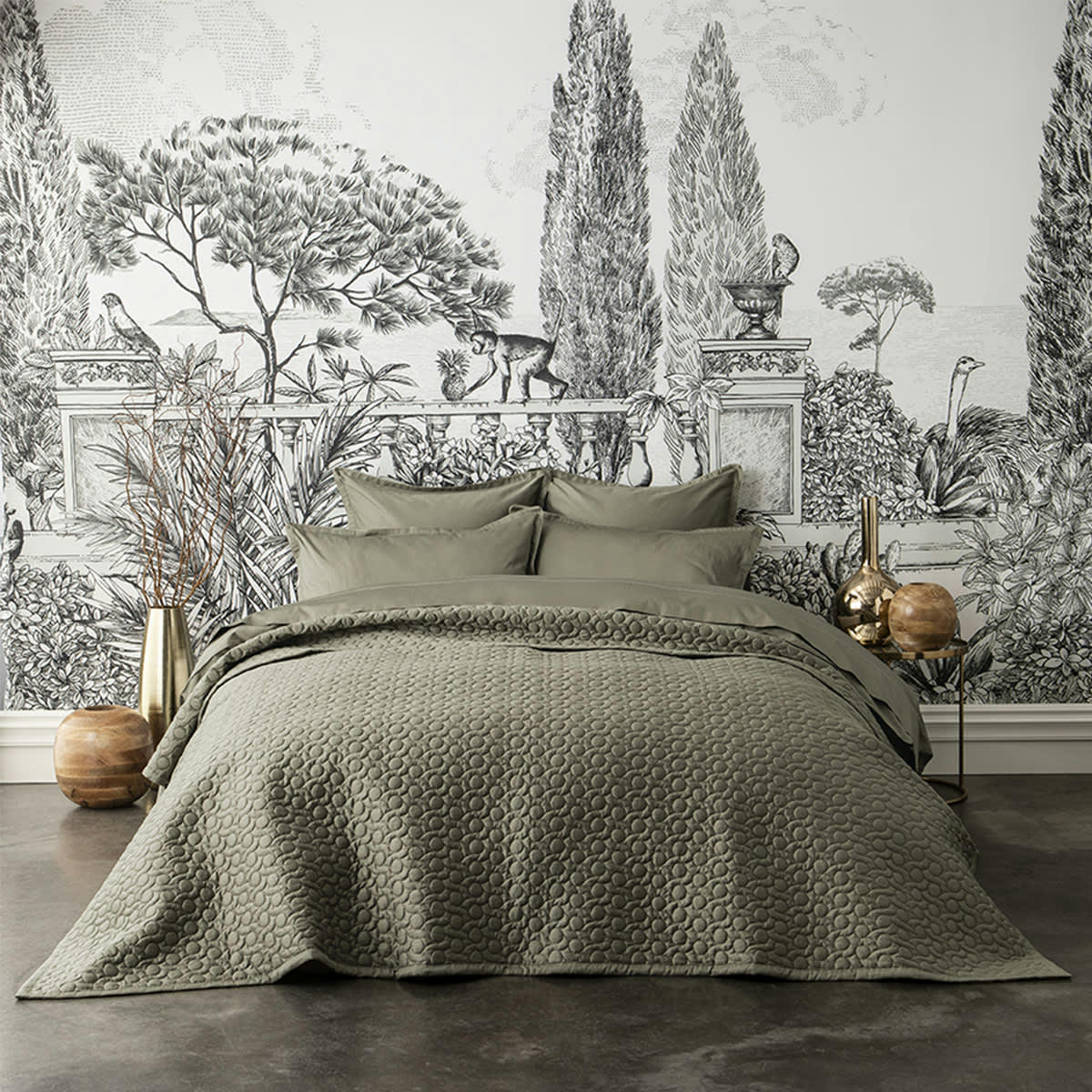POESIE - Couvre-lit matelassé en satin de coton bio kaki 260x240