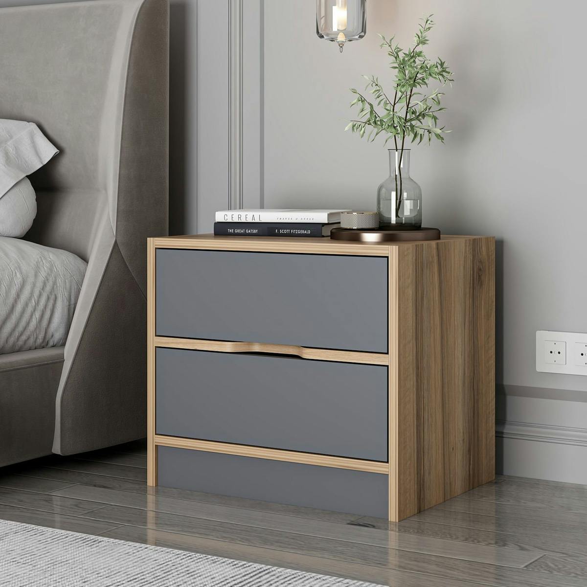Table de chevet moderne 2 tiroirs décor bois et gris BYRON