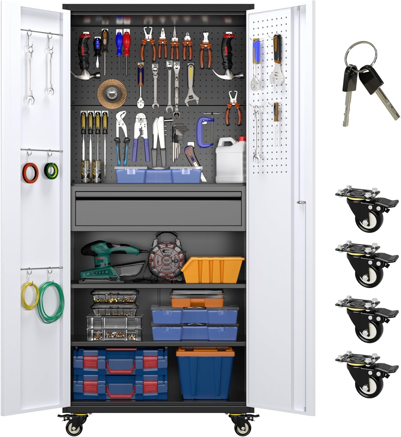 Aobabo Garage Storage Cabinet with Wheels, Metal Storage Cabinet with 1 Drawer for Home, Garage, Assembly Required, Black & Grey