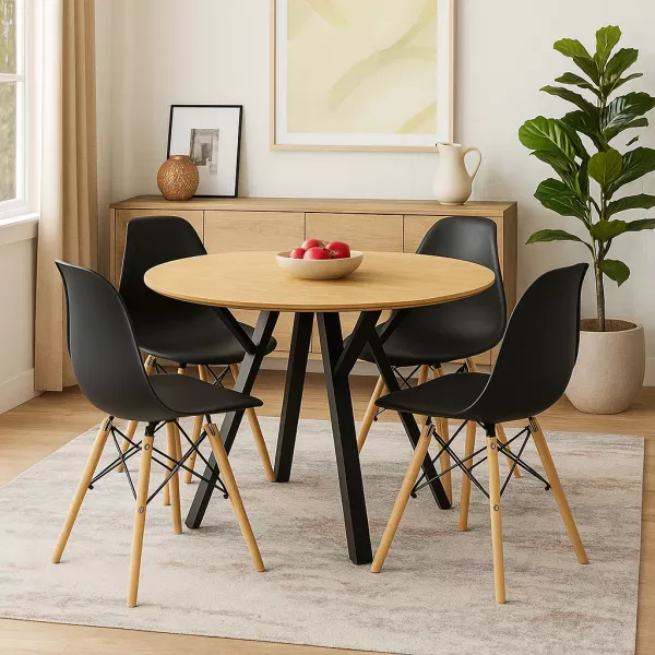 Stół Okrągły Obiadowy Loft 100x100x76cm   4 Krzesła Czarne Skandynawskie