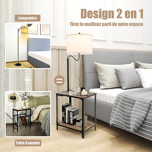 Lampadaire détagère avec Bras rotatif à 360Lampe de Salon sur Pied avec Abat jour en Lin Lampadaire avec Table Ports de Charge