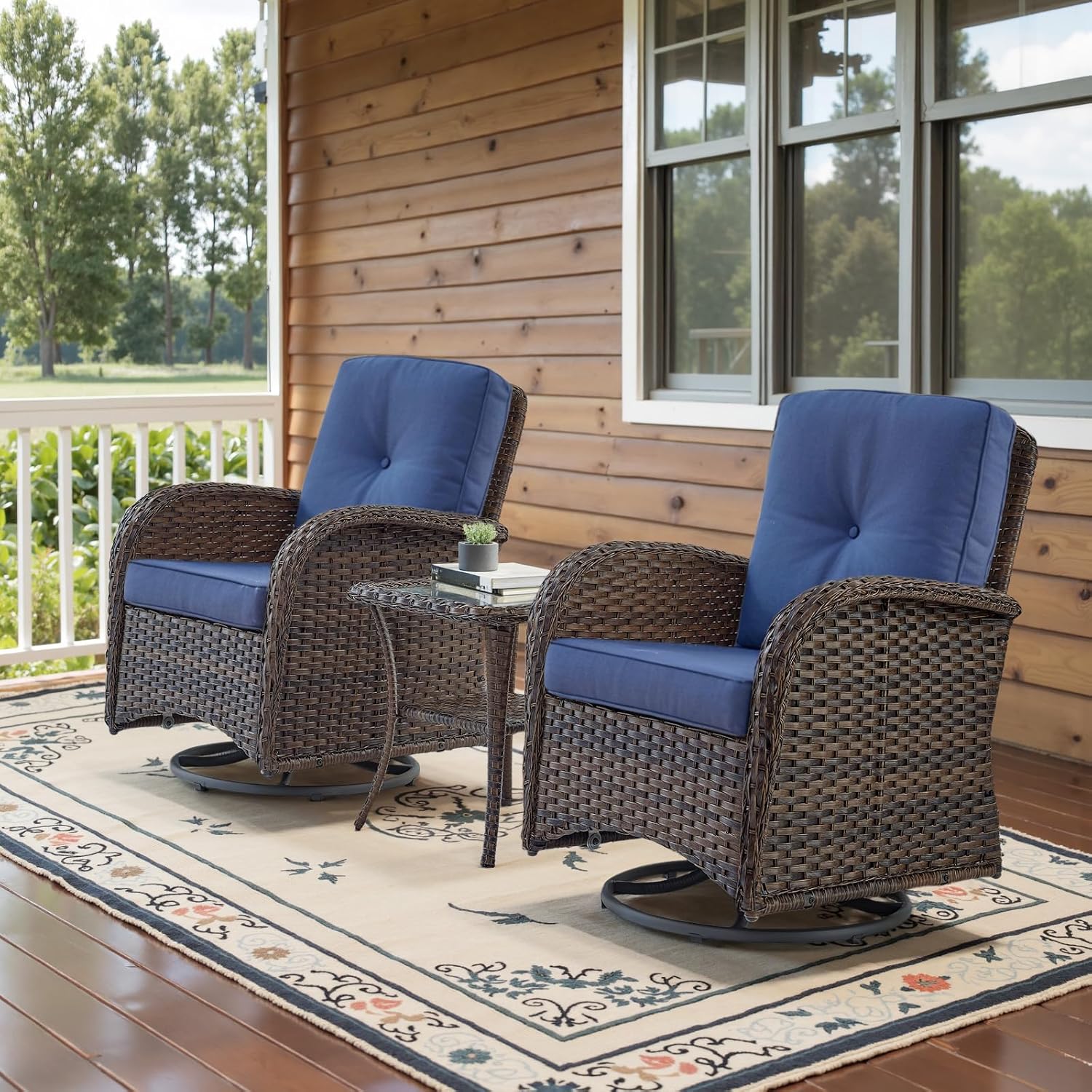 Belord Patio Wicker Chairs Swivel Rocker - Outdoor Swivel Rocking Chairs Set of 2 with Rattan Side Table  Patio Swivel Glider Chair 3 Piece Patio Furniture Sets for Deck Porch Pool Brown/Blue