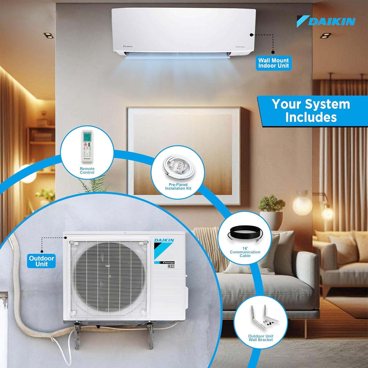 Daikin 18,000 BTU 21 SEER2 Oterra R32 Series Ductless Mini-Split Air Conditioner with Installation Kit and Wall Bracket- 230V