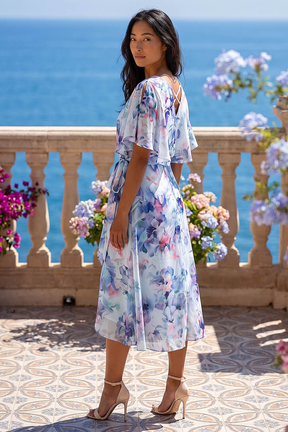Roman Petite Floral Tie Front Cape Dress