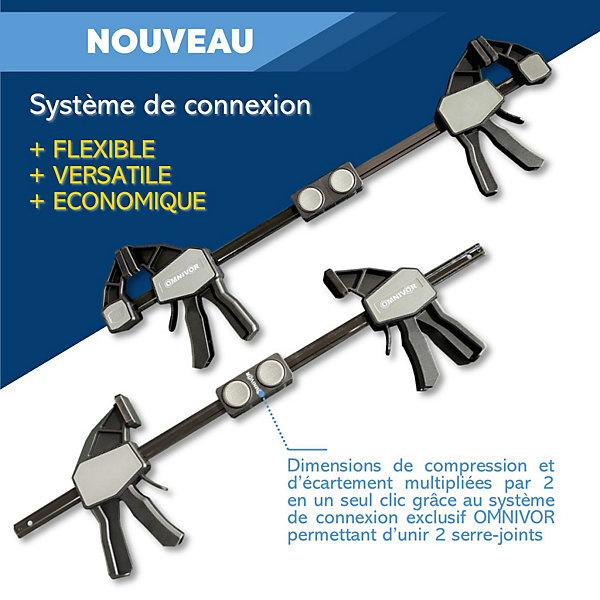 Lot 4 Serre-Joints à Une Main à Serrage Rapide 2 x 150mm   2 x 300mm Force 68kg   Connecteur - OMNIVOR