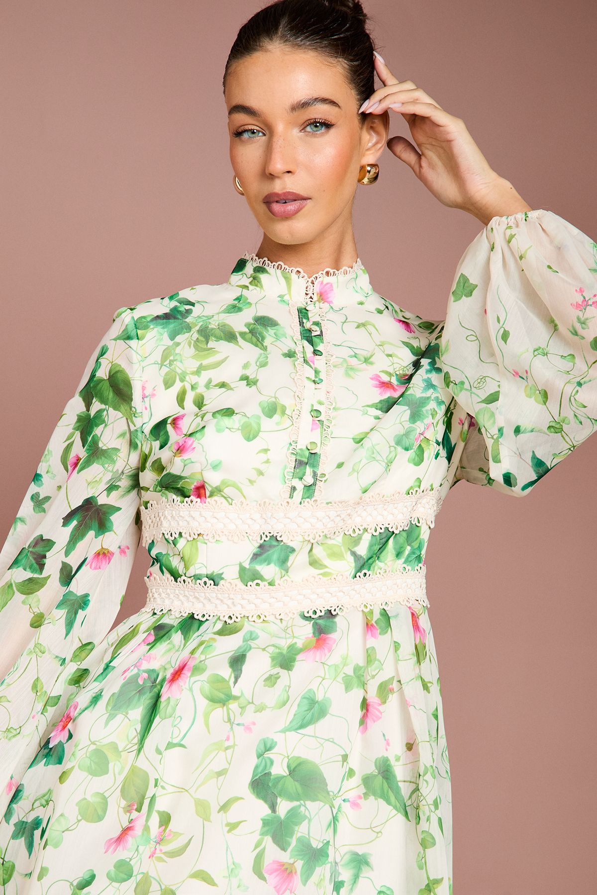 Coast Long Sleeve Placement Print Organza Midi Dress