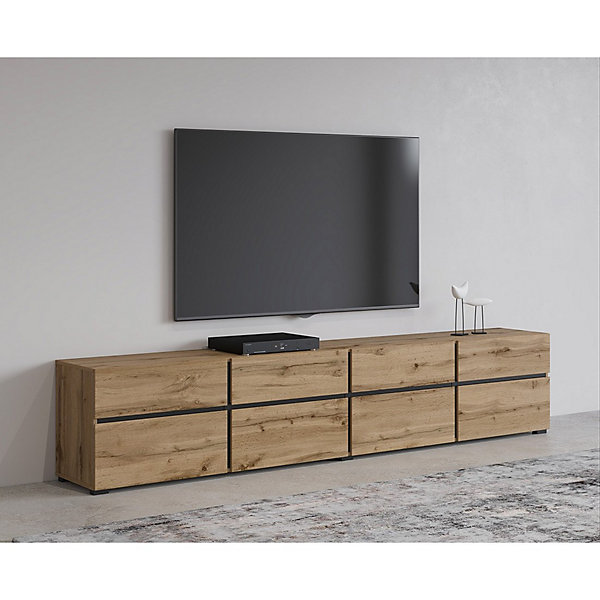 Meuble TV XL coloris chene et noir 225cm collection HAVANA. Meuble design avec 4 portes et 4 tiroirs.
