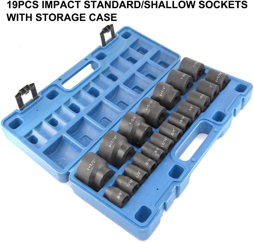 MacWork 19 Piece 1/2-Inch Drive Standard/Shallow Impact Socket Set, SAE, 3/8 to 1-1/2, CR-V&Cr-Mo Alloy Steel, 6-point Hex Radius Corner Design