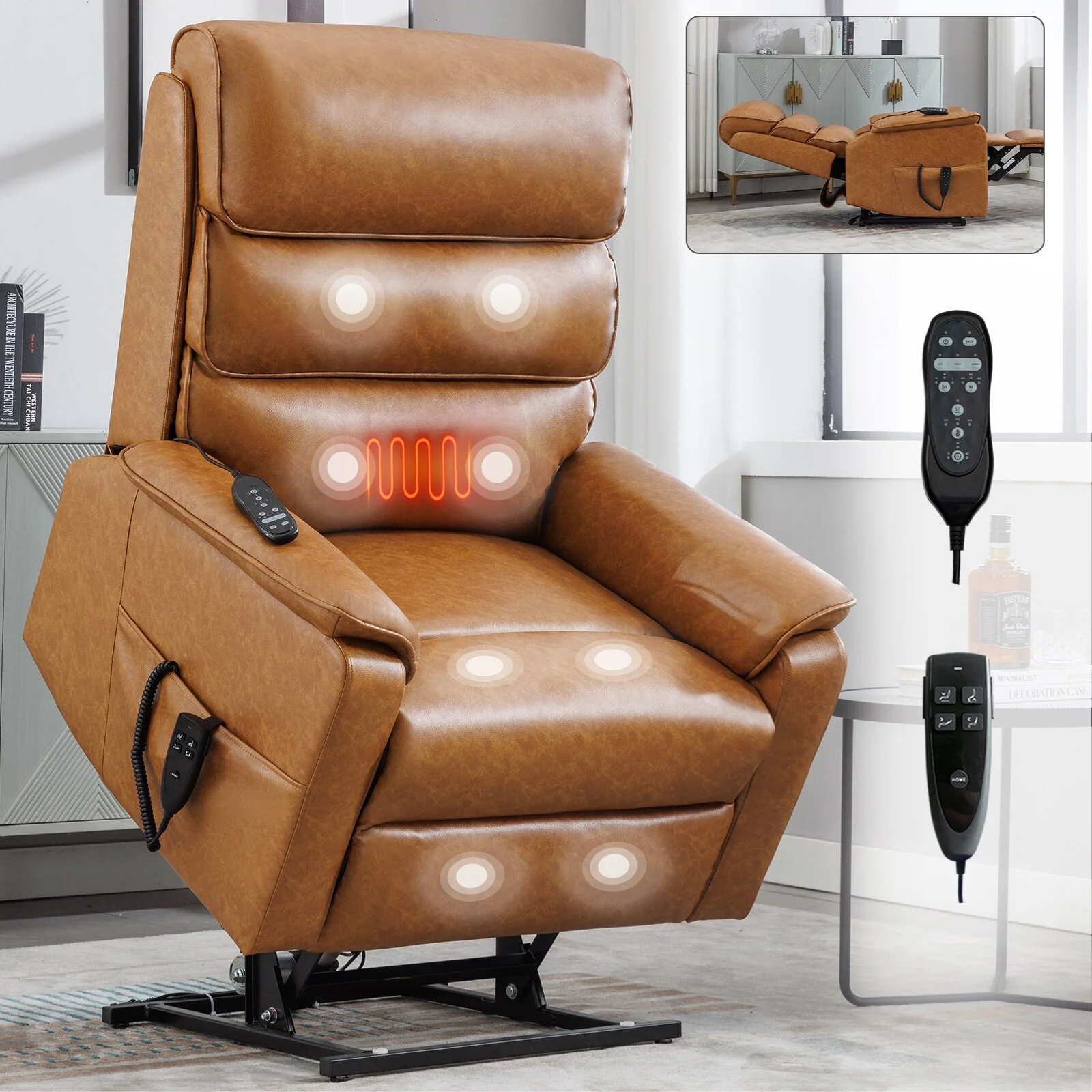 Dual Motor Power Lift Recliner Chair, with Heat & Massage, 350lbs Capacity, Infinite Position, Power-Remote, Side Pockets