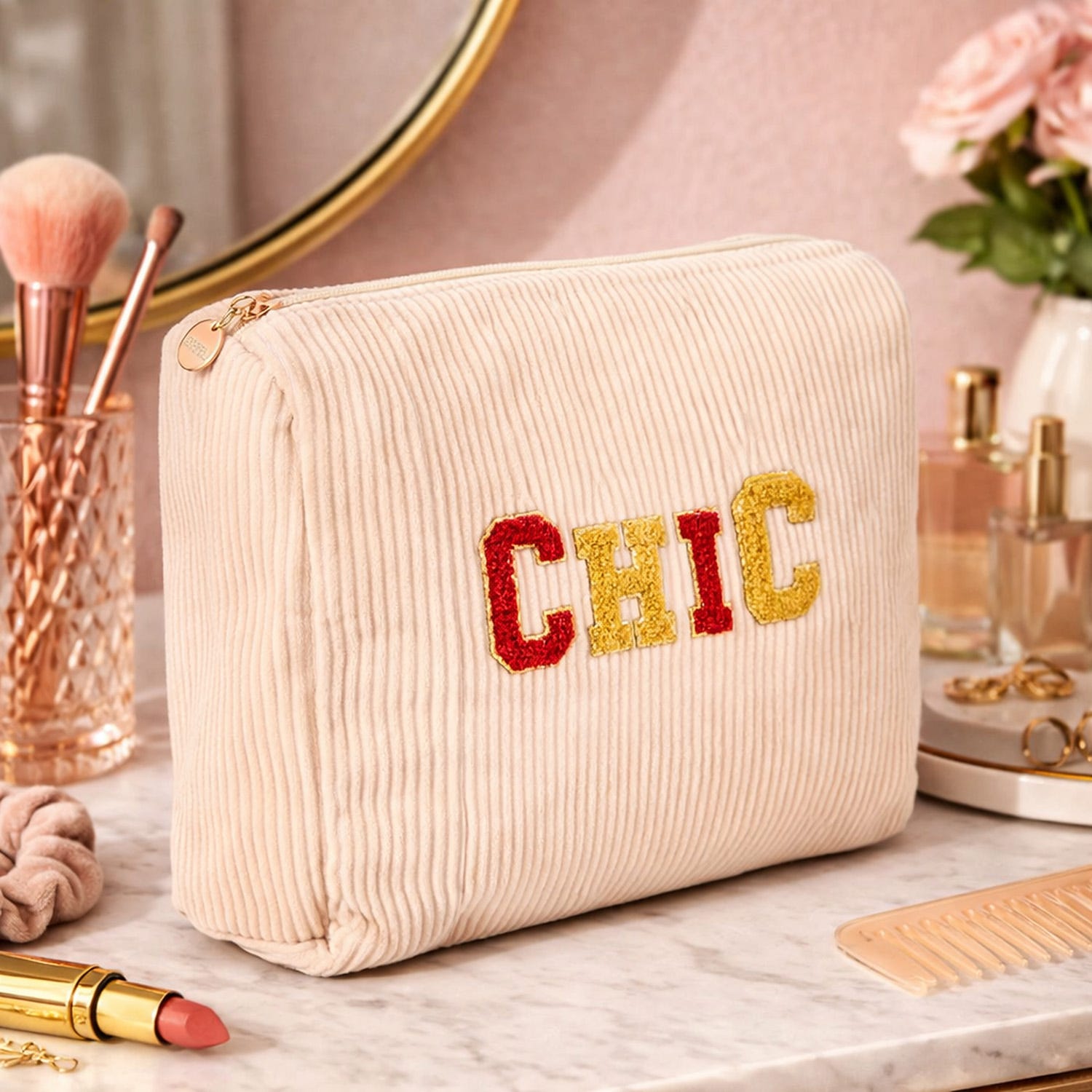 Pochette trucchi Chic crema con cerniera Bloomy Collection