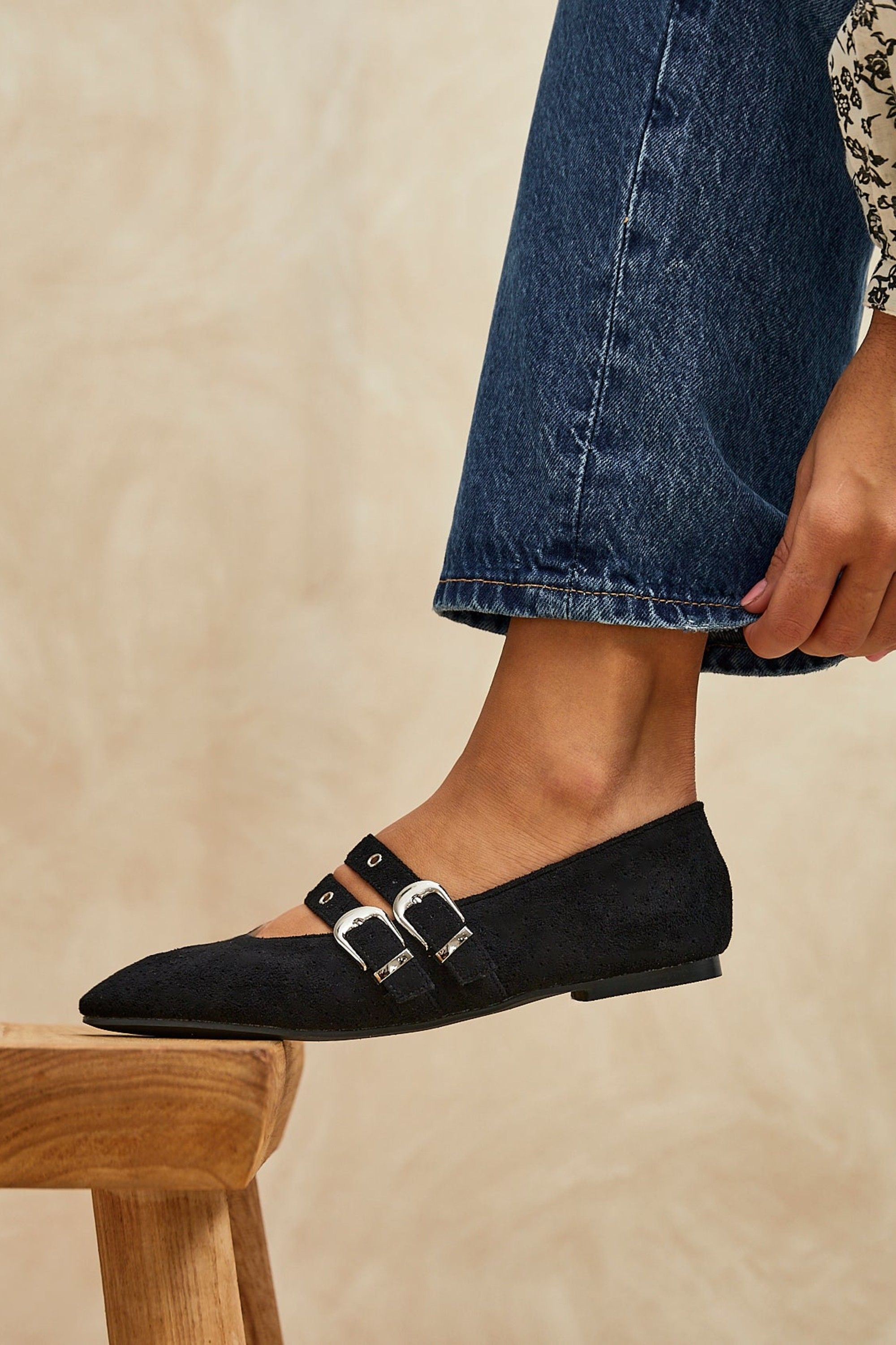 Linzi Rogue Black Ballet Flats With Eyelet Detail