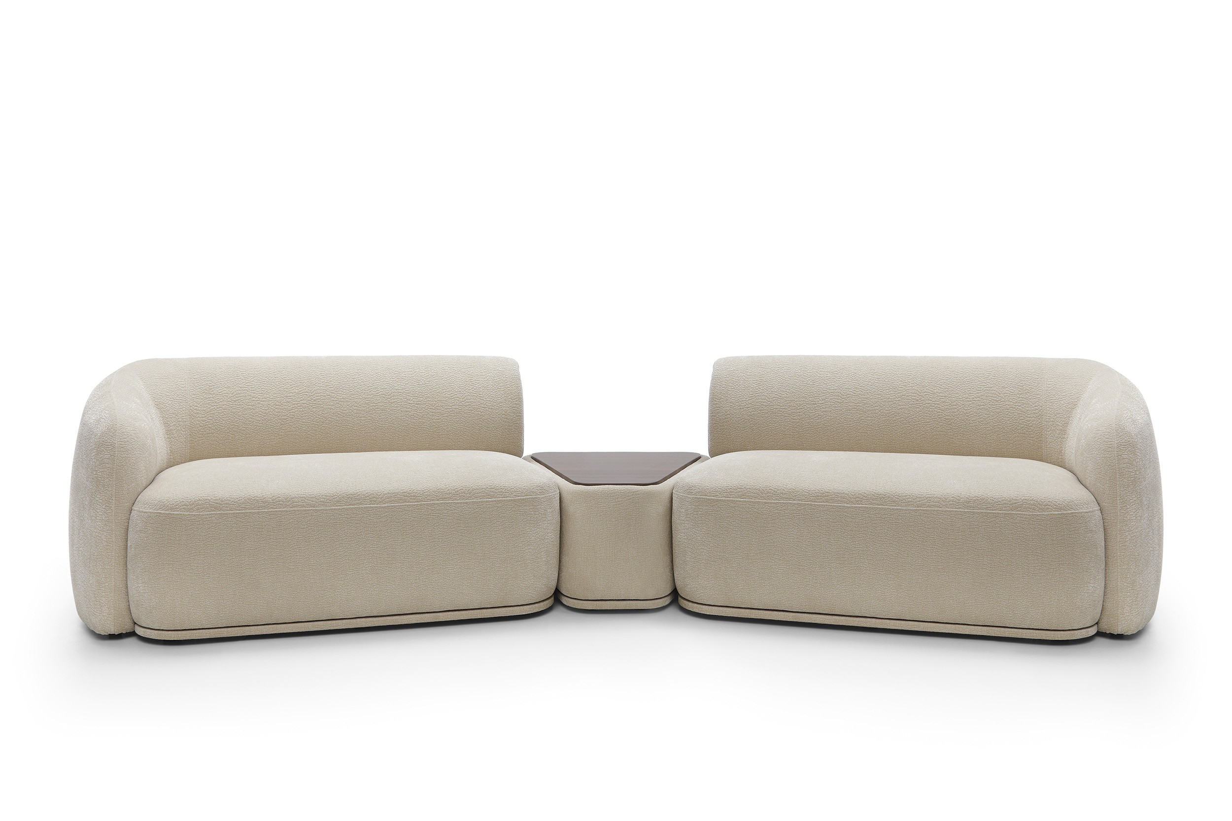 Modułowa sofa   trójkątna pufa z blatem beżowa NOBIS z zaokrąglonymi bokami