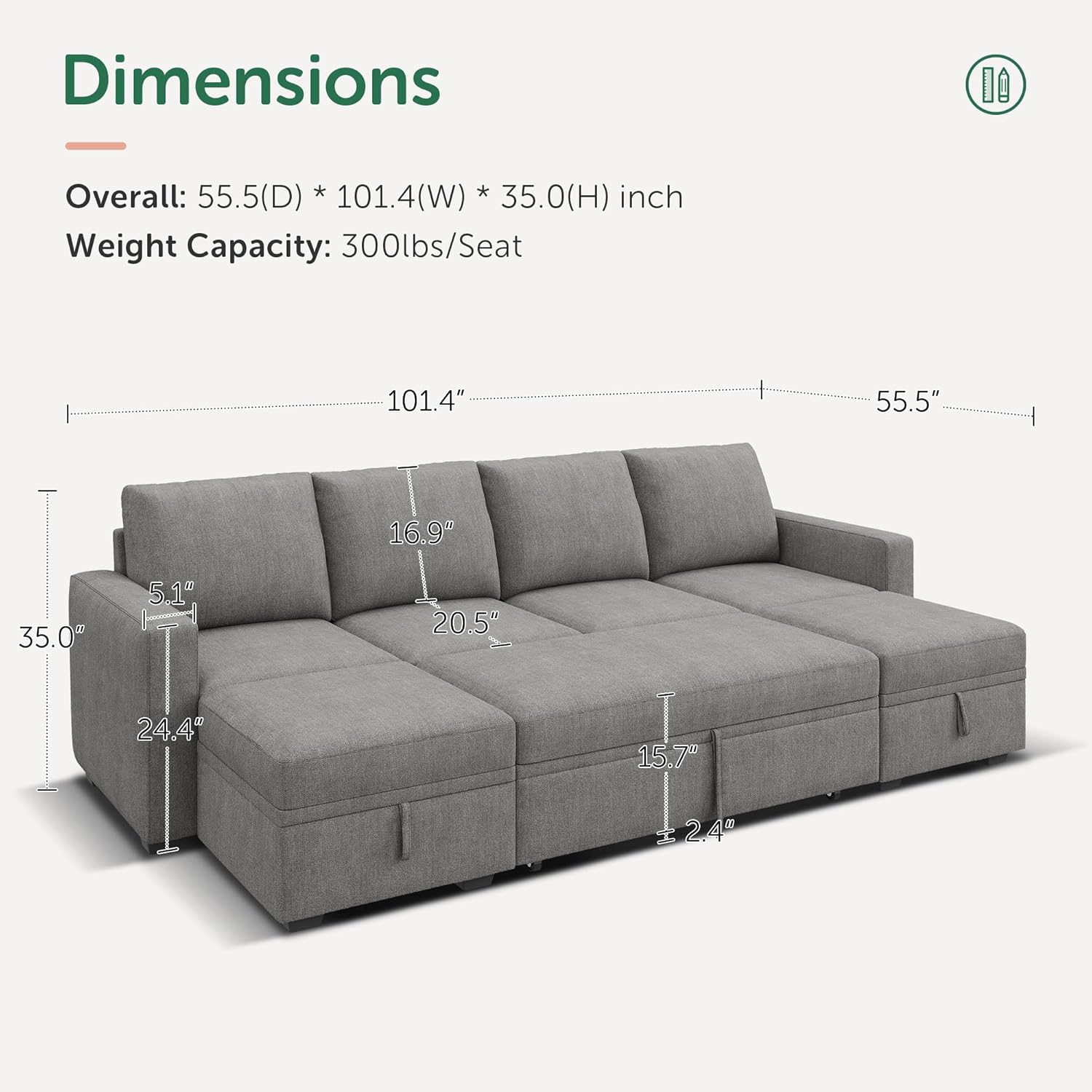 HONBAY Modular Sectional Sleeper Sofa Bed, Chenille Pull Out Couch with Storage Ottoman, U Shaped Sectional Couches for Living Room, Warm Grey