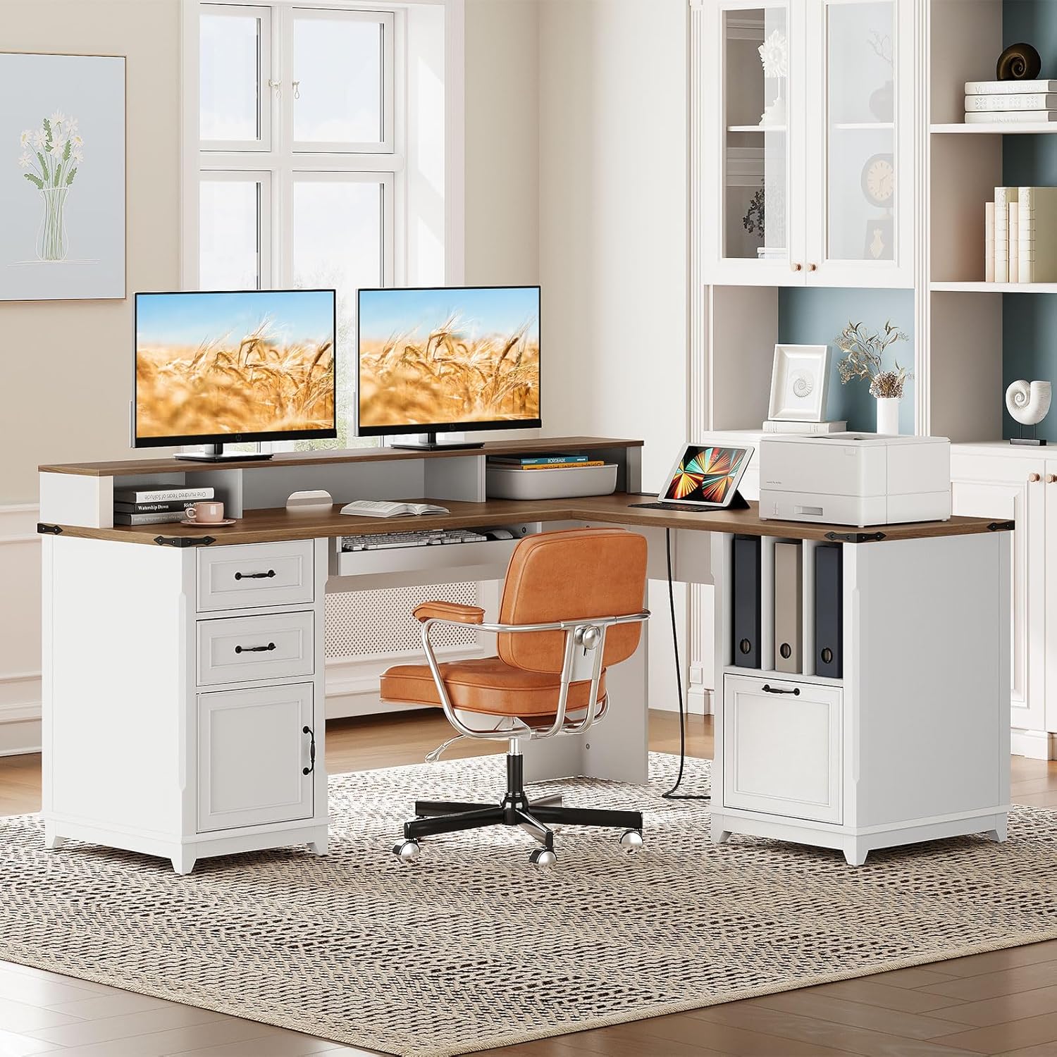 Farmhouse 69 Executive L Shaped Desk with Drawer, Home Office Desk with Charging Station, Corner Computer Desk with Monitor Stand, File Drawer, Storage Cabinet, White and Walnut