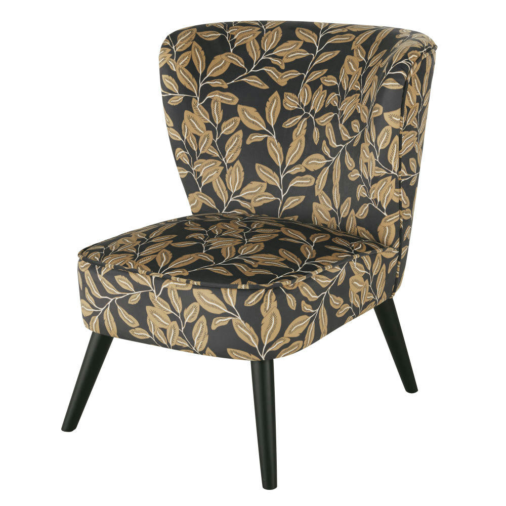 Palm - Fauteuil en velours imprimé végétal noir et marron
