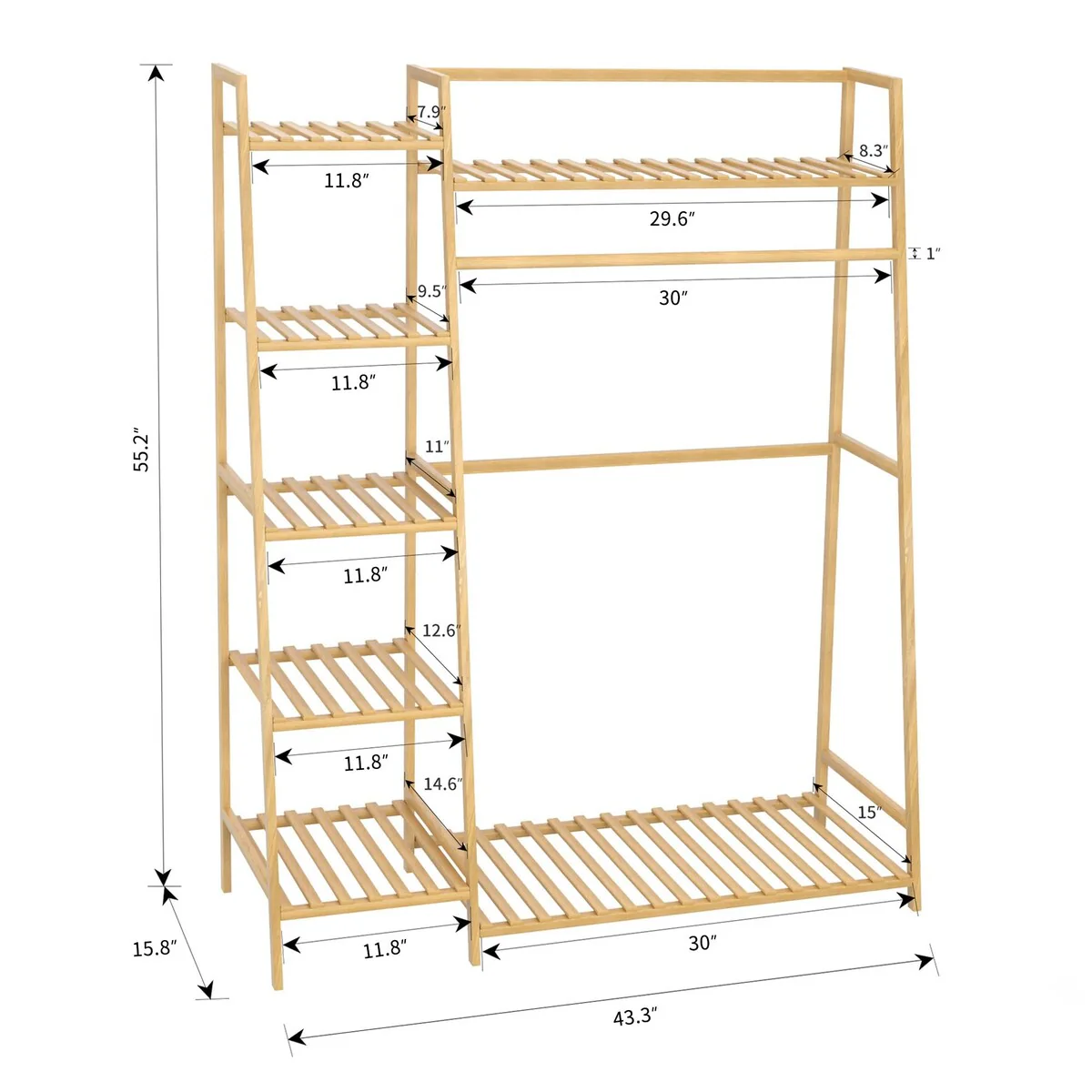 43.5 Bamboo Garment Rack - Free Standing Clothes Coat Hanger, Rolling Closet Organizer with Shoe Rack, Wardrobe Storage Shelve