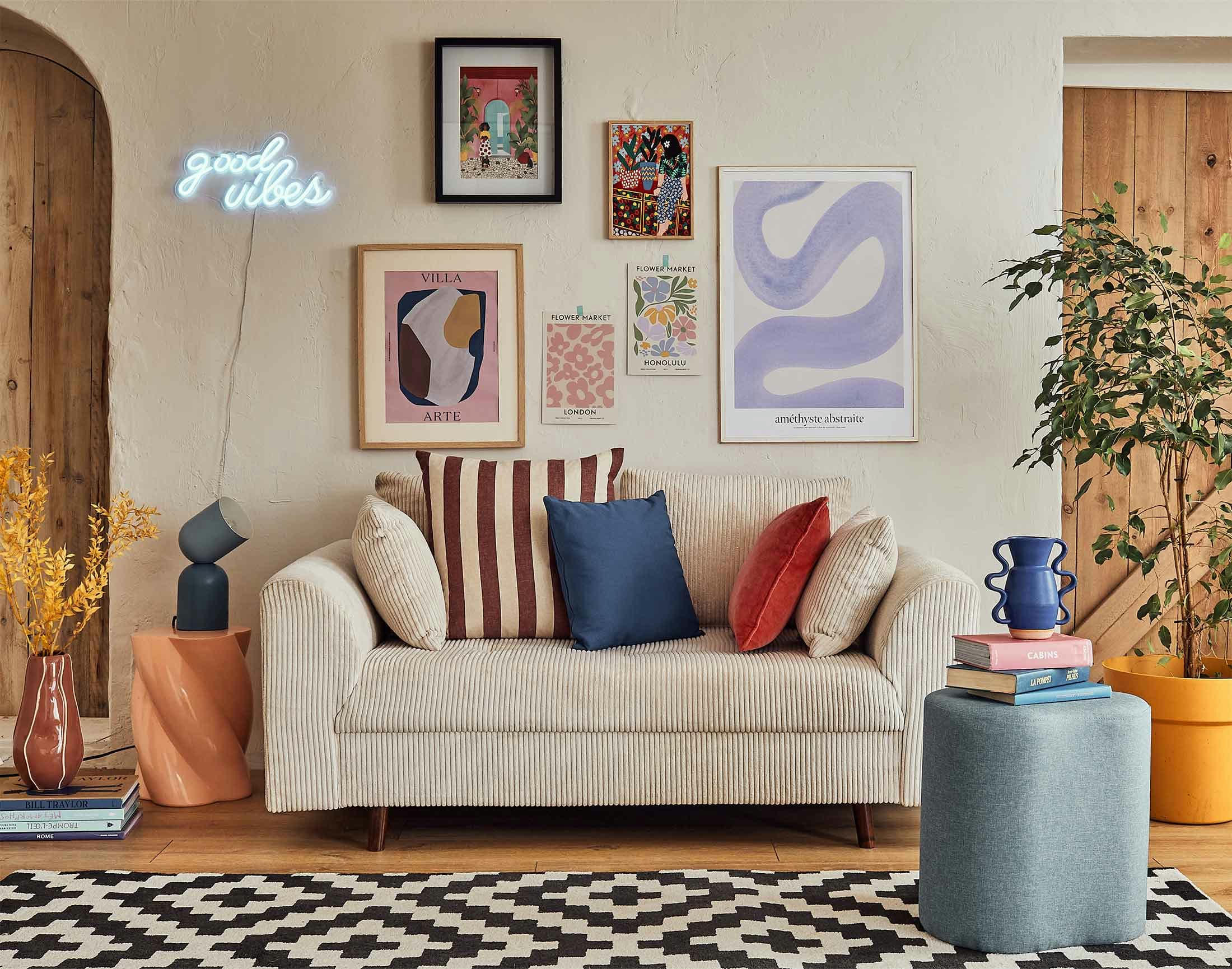 RUNE - Canapé droit 2 places en velours côtelé beige