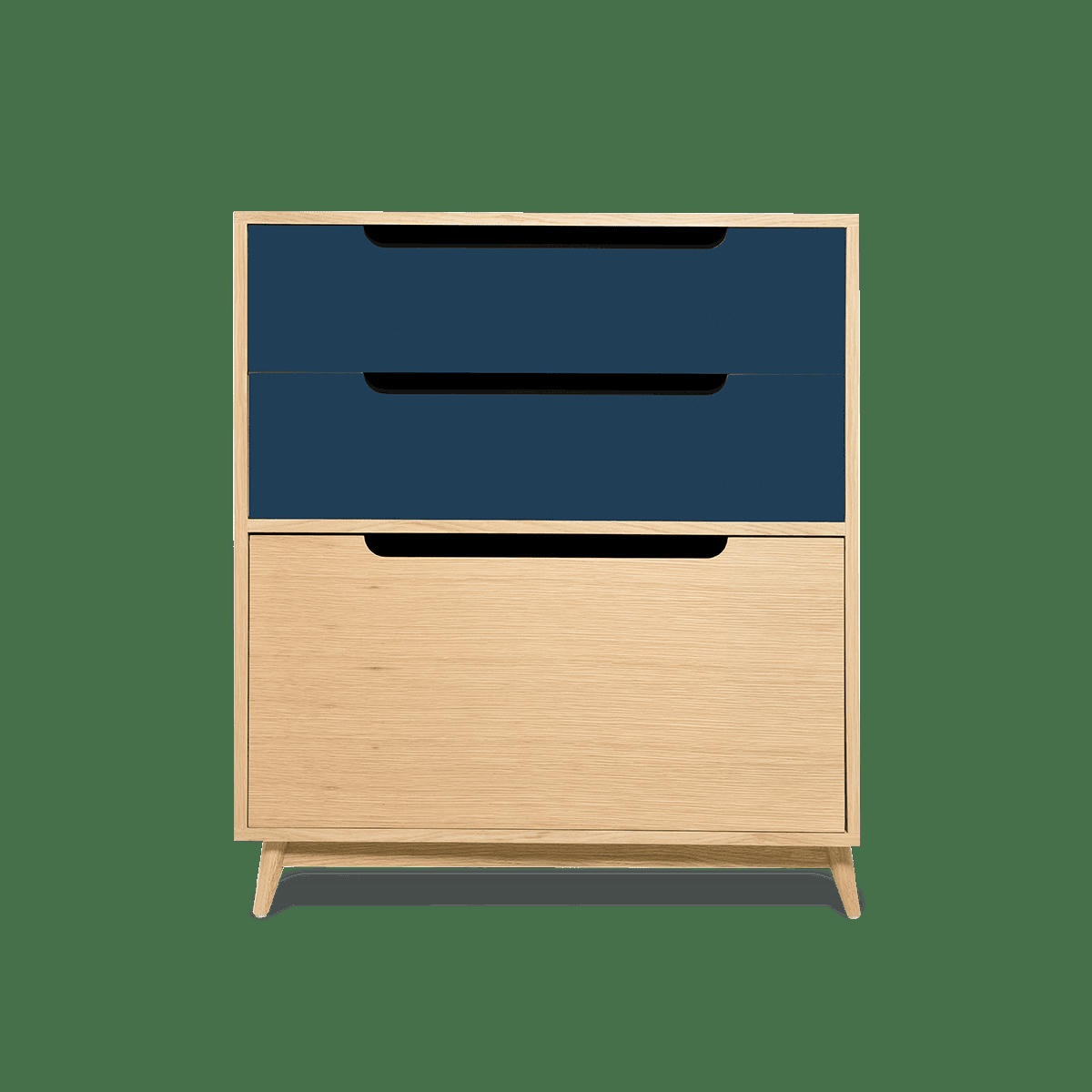 MOKA - Commode peu profonde, 3 tiroirs, couleur chene et bleu nuit- 96*86*40