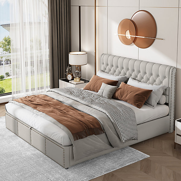 Lit coffre 160x200 cm en lin-coton, tête 102,5 cm, clous décoratifs, rangement intégré, sans matelas, gris