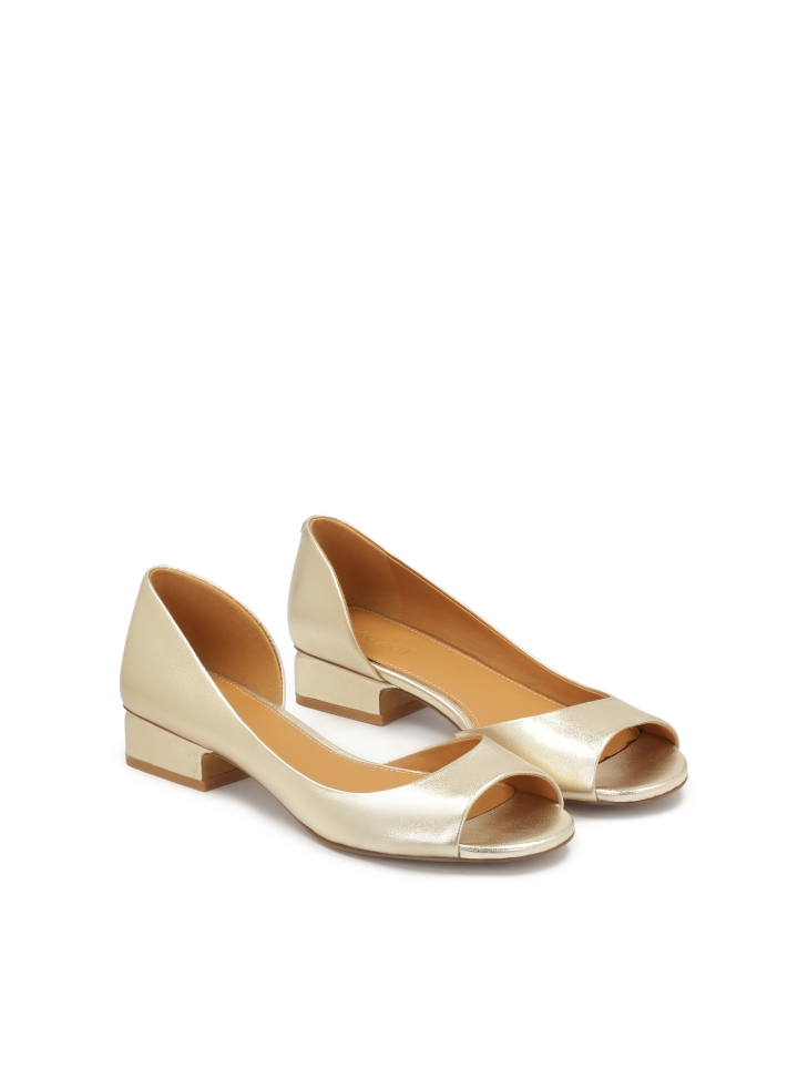 Gold peep toe pumps with low heel
