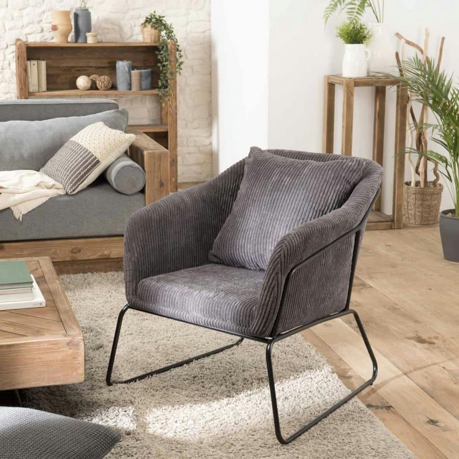 ALBANE - Fauteuil en tissu velours cotelé gris anthracite pieds évasés en métal