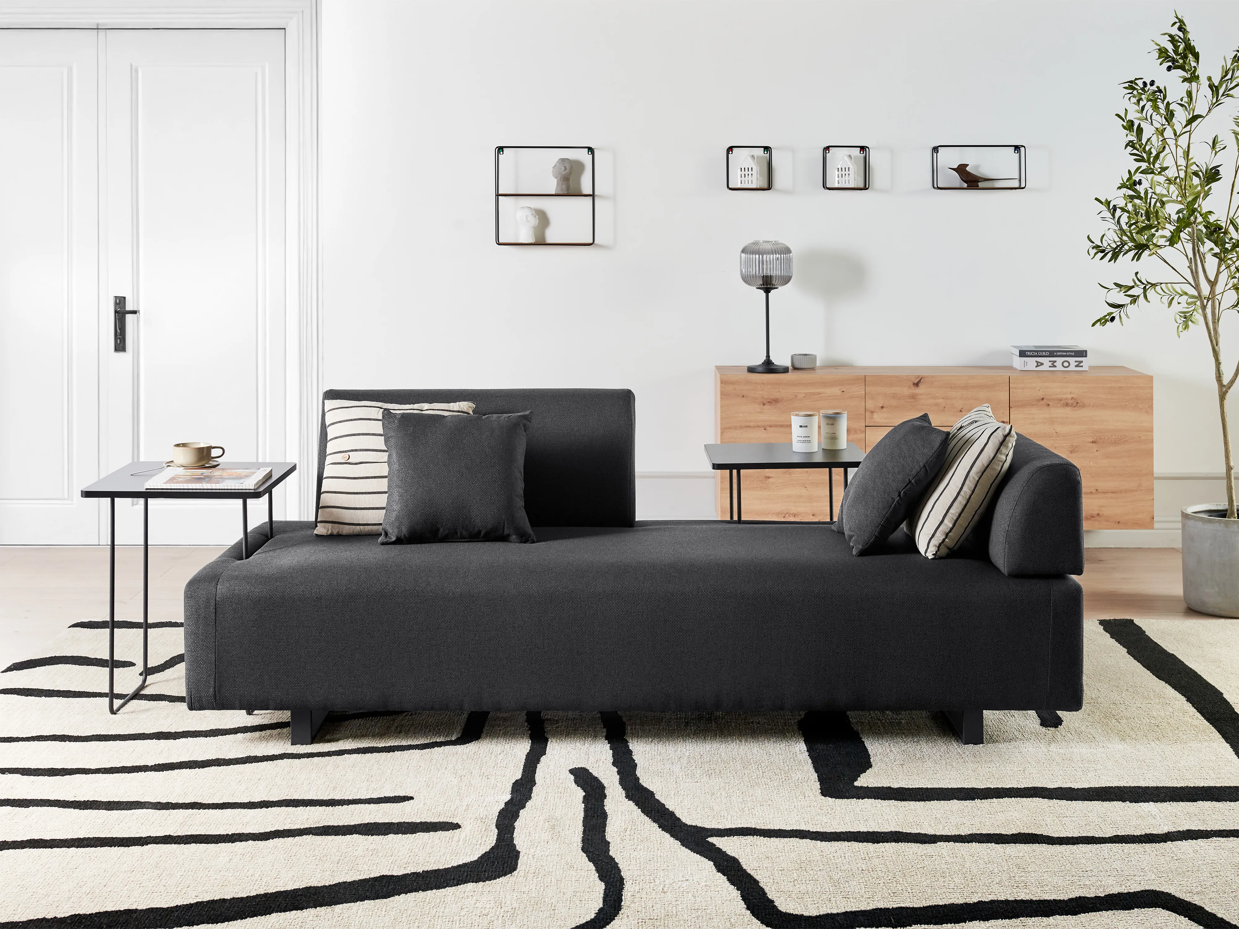 Sofa 3 Seater SOKNA Fabric Black with Tables