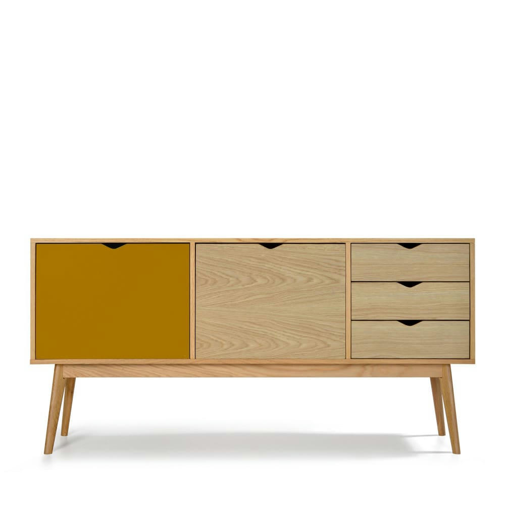 STRÖM - Buffet design 2 portes 3 tiroirs chêne porte ocre