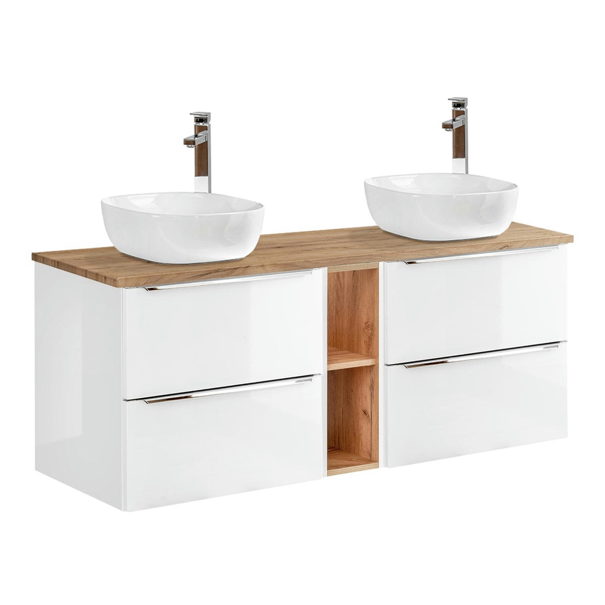 - Meuble double vasque 140cm 2 niches blanc et naturel