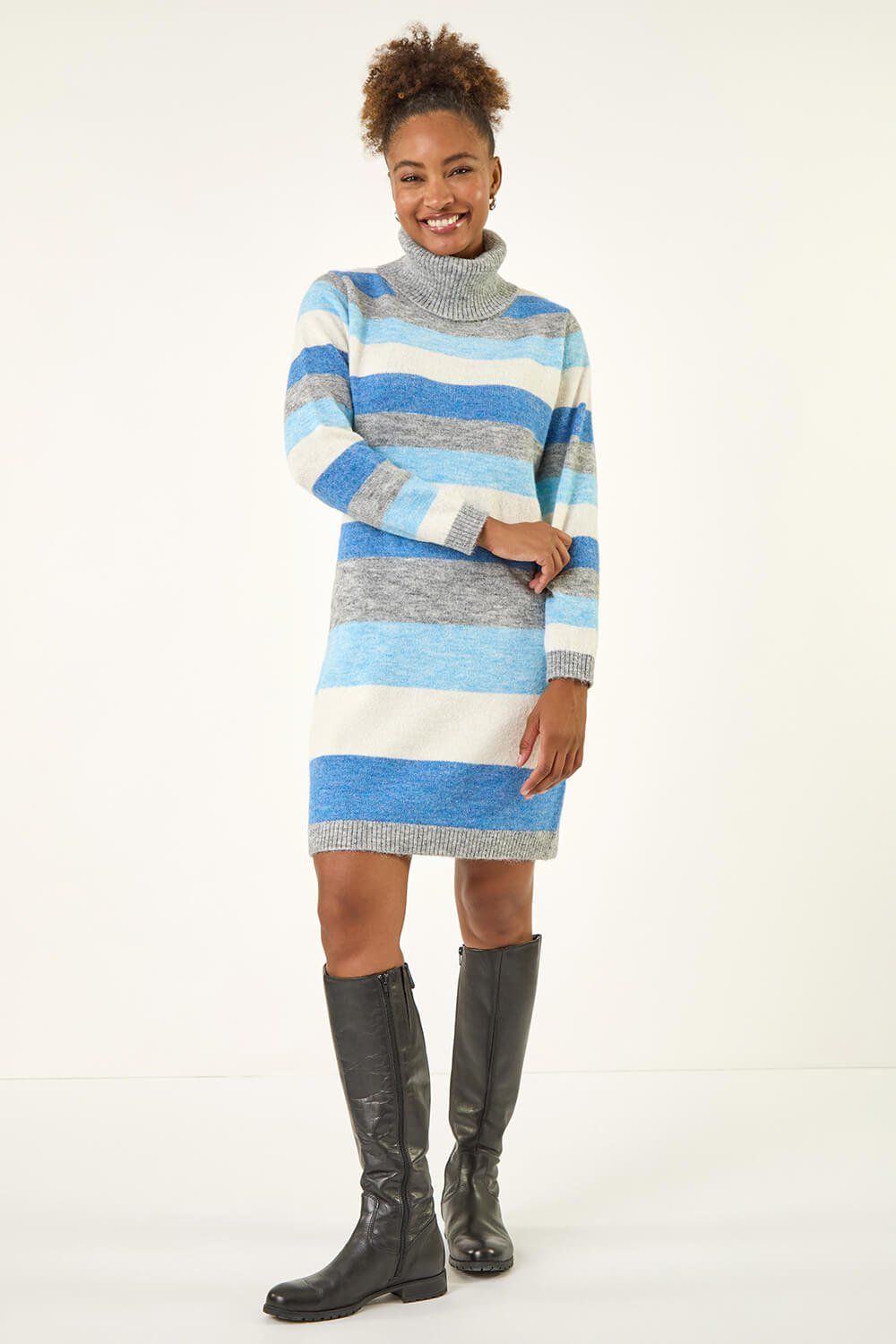 Roman Stripe Cowl Neck Knit Dress