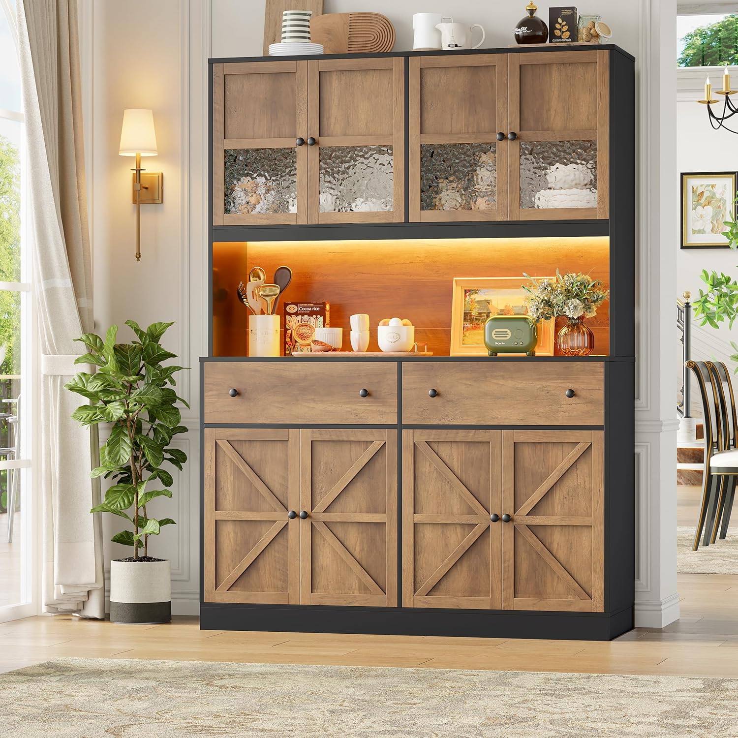 FINETONES 71 Pantry Cabinet with LED Light and Charging Station, Farmhouse Kitchen Pantry Cabinet with Microwave Stand, 47.2 Wide Kitchen Hutch Food Pantry with Open Countertop, Black/Brown