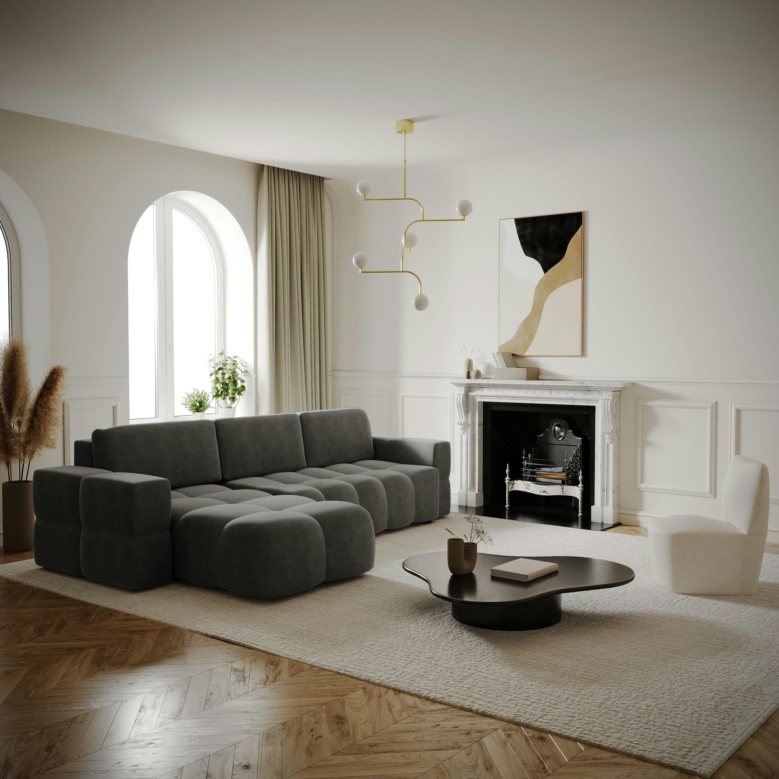 GABRIEL - Canapé d'angle gauche convertible coffre velours gris 260x180cm