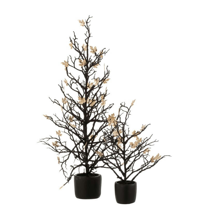 PAILLETTES - Arbre nu en pot + feuilles paillettes noir/or H71cm