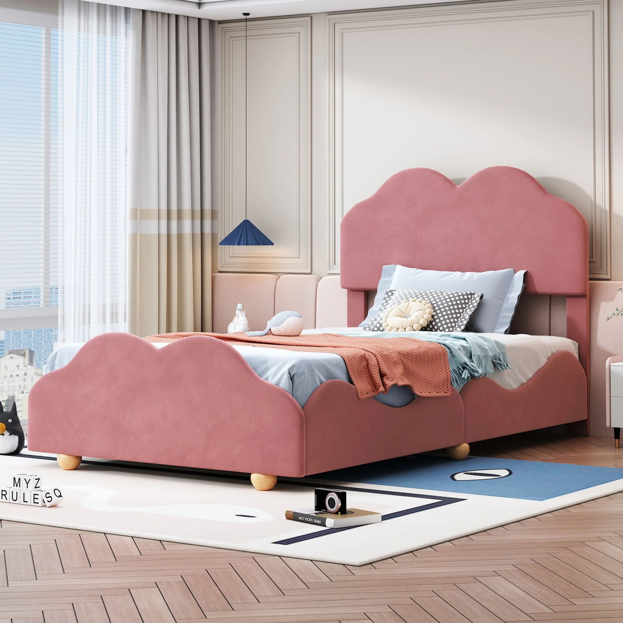 Twin Size Cloud-Shaped Upholstered Platform Bed - Fun Design for Kids' Rooms