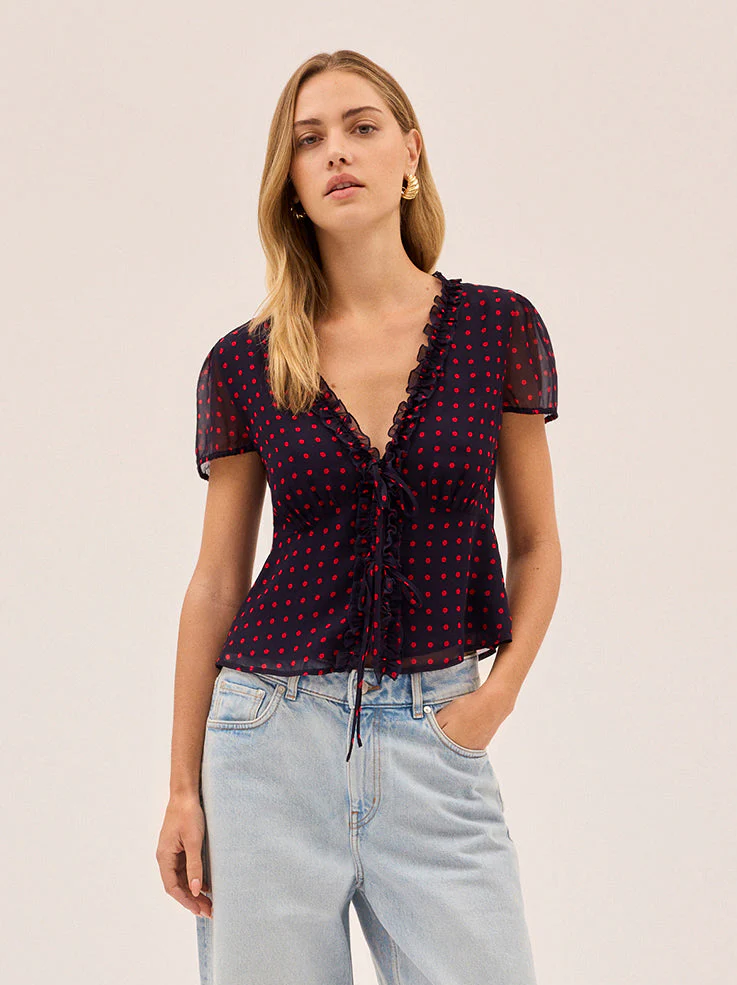 Cecily Navy Pin Dot Print Top