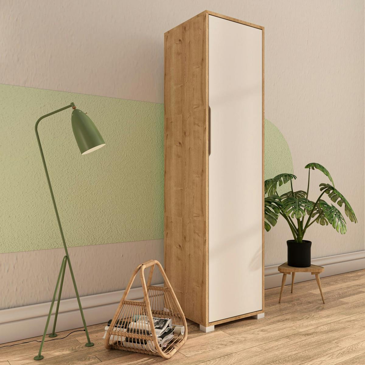 Colonne de rangement effet bois et porte blanche BYRON