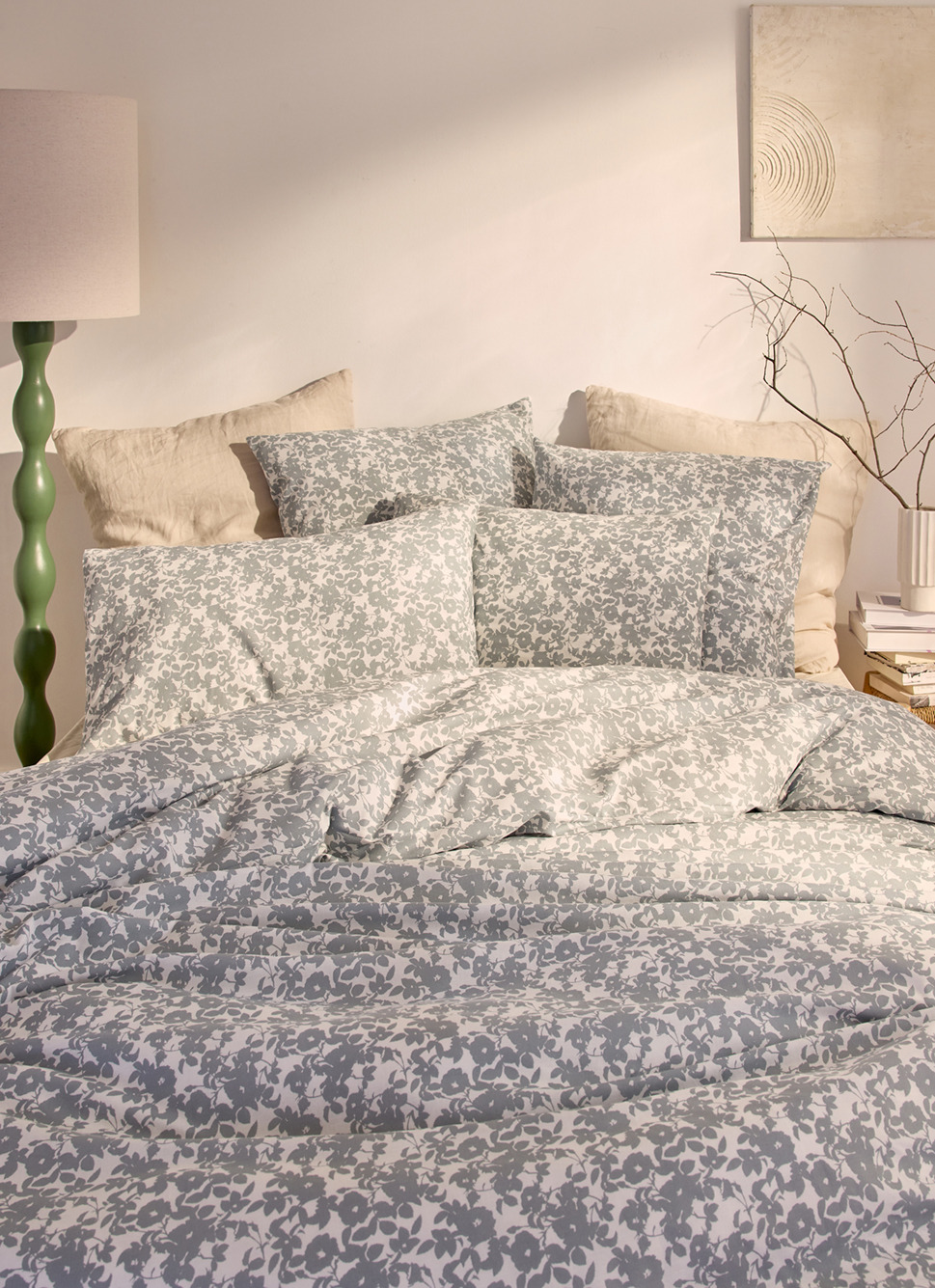 HOUSSE DE COUETTE FLEURIE EN COTON BCIVERT DE GRIS