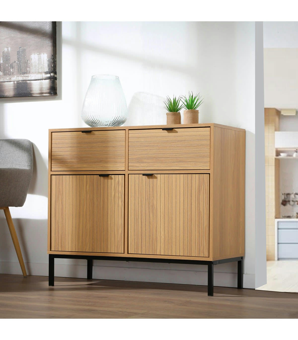 - Commode 2 Portes 2 Tiroirs Effet Bois L90 x H79 cm