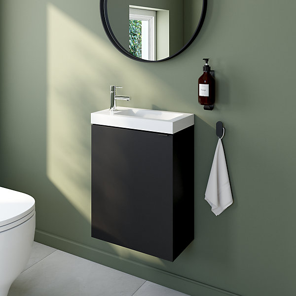 Meuble lave-mains suspendu noir mat l.44 cm Imandra   plan vasque blanc céramique Nira, GoodHome
