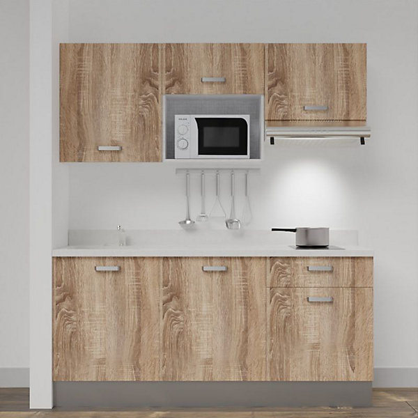 Kitchenette K30 - 180 cm - façades Bois - Plan monobloc en quartz coloris Snova évier à gauche
