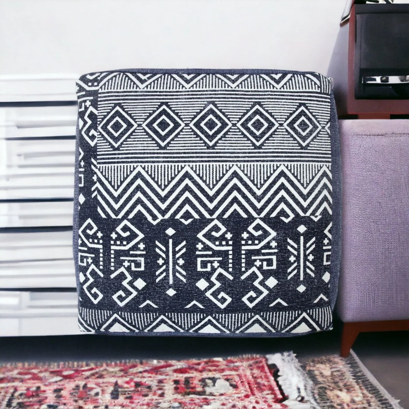 18-inch Cotton Pouf Ottoman with Geometric Pattern Comfortable Floor Seating for Living Room