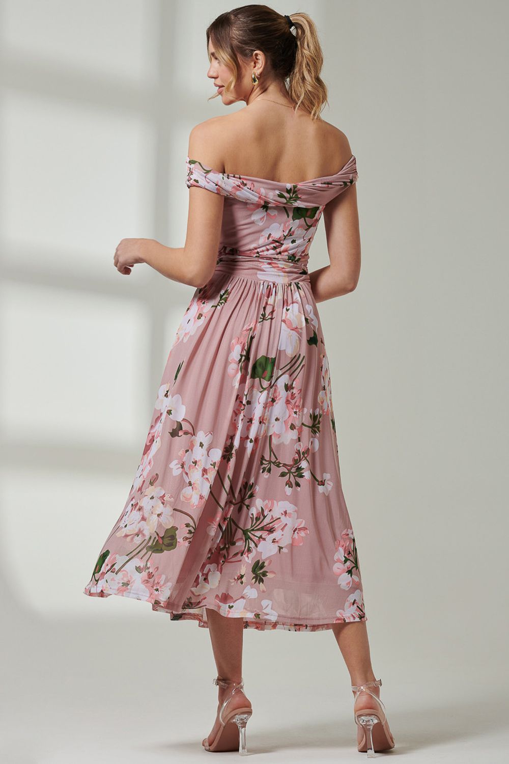 Jolie Moi Paula Bardot Neck Mesh Dress